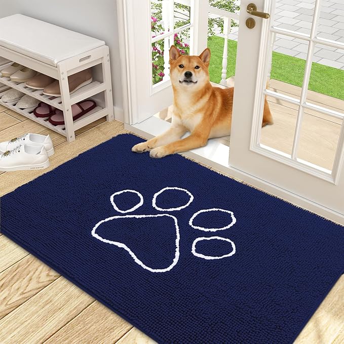 OLANLY Dog Door Mat for Muddy Paws 48x30, Paw Print Design, Absorbs Moisture and Dirt, Absorbent Non-Slip Washable Doormat, Quick Dry Chenille Mud Mat for Dogs, Entry Indoor Entryway Carpet, Navy Blue