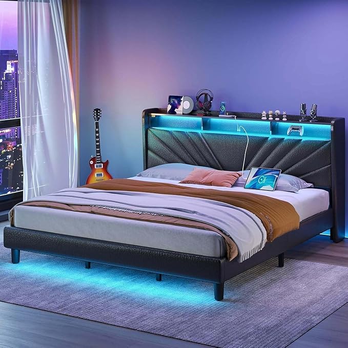Rolanstar King Size Bed Frame, Storage Headboard with Charging Station and LED Lights, Upholstered Bed with Heavy Duty Wood Slats, No Box Spring Needed, Noise Free, Easy Assembly, Black