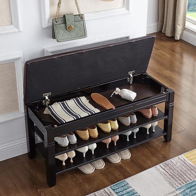 Shoe Storage Bench with Cushion, Entry Bench with Storage Solid Wood Shoe Bench Ideal for Entryway Living Room and Corridor (Black, 39.4'')