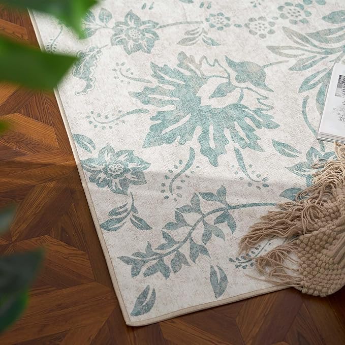 jinchan Torino Floral 8x10 Area Rugs Vintage-Inspired Design Accent Living Room Rug Machine Washable Ultra-Thin Low-Pile Non-Slip Traditional Carpet for Bedroom Dining Room Home Office