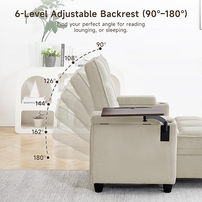 41.7" Chaise Lounge Chair Indoor, Oversized Boucle Upholstered Sofa Bed, Adjustable Backrest Deep Seat Reading Chair, Sofas Couches for Living Room with Storage, Cup Holders & 360° Swivel Side Table