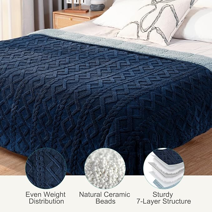 Sherpa Fleece Adult Weighted Blanket Great for Sleep, 20 lbs Dual Sided Soft Fuzzy Heavy Blankets for Couch Bed Sofa, Cozy Warm Fluffy Jacquard Throw for Winter (Navy Blue, 60" x 80", 20 Pounds)
