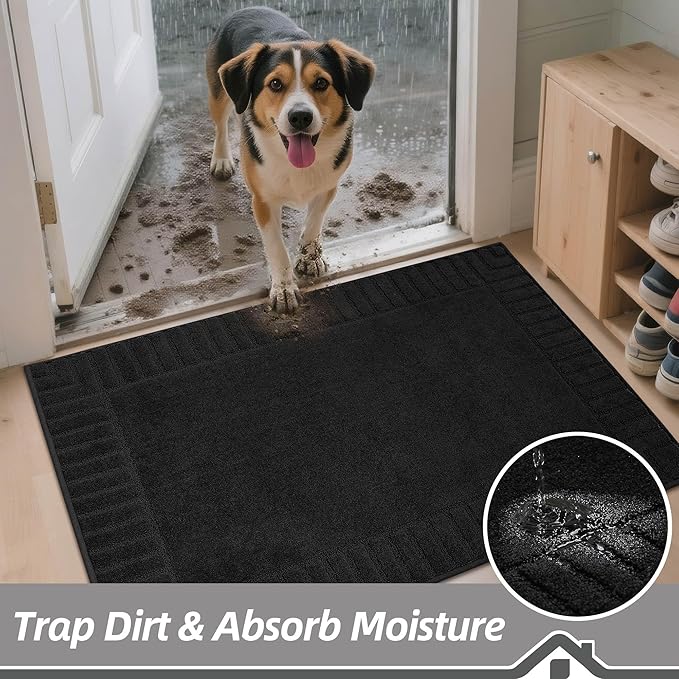 BEQHAUSE Door-Mat-Non-Slip Front Door Mat Washable Low-Profile Entrance Rugs for Front Door Entry Dirt Trapper Door Mats Absorbent Welcome Mats,20"x32",Black