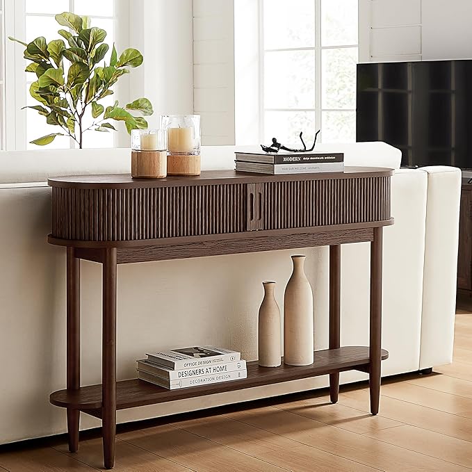 LINSY HOME Fluted Console Table, Mid-Century Modern Entryway Cabinet with Sliding Tambour Doors, Narrow Long Sofa Table, Behind-The-Couch Table for Living Room, Hallway (Brown Oak)