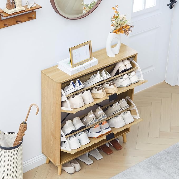 31.5” Fluted Shoe Cabinet Storage with 2 Flip Drawers,Narrow Freestanding Shoe Storage Organizer,Slim Shoe Rack Cabinet for Entryway,Hallway (Natural)
