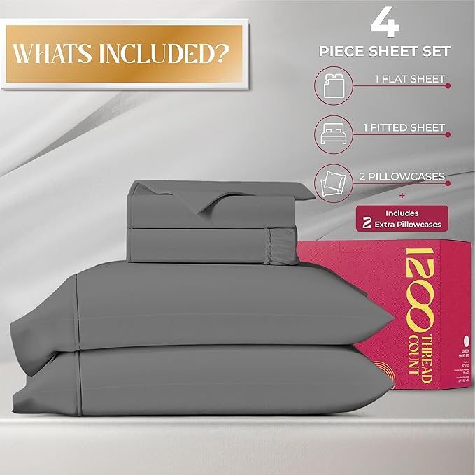 Mayfair Linen 100% Egyptian Cotton Queen Sheet Set - Luxury 1200 High Thread Count Egyptian Cotton Sheets Queen Size (4 PC, Dark Grey), Silky Soft, Cooling, 17" Deep Pocket Sateen Weave Hotel Bedding