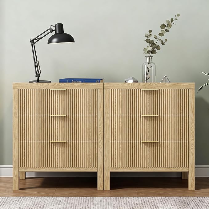 Nightstands Set of 2, Bedside End Table, Modern Wooden Night Stand with 6-Drawer - Boho Cabinet Accent Storage Furniture for Bedroom, Living Room, Nature