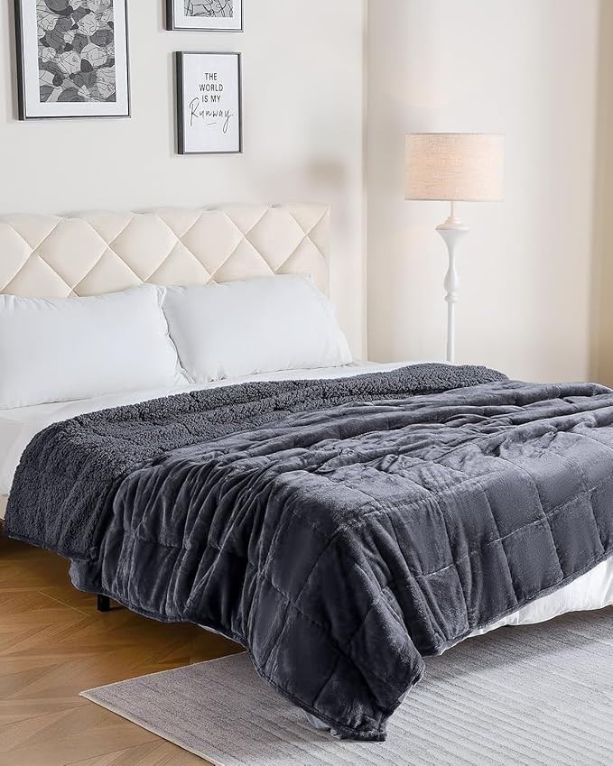 Uttermara Weighted Blanket Queen 15 Pounds for Adults, Sherpa Weighted Blanket for Couch Bed, Ultra Fluffy Warm Sherpa & Cozy Plush Flannel Fleece, Heavy Blanket Great for Calm, 60" x 80", Dark Grey