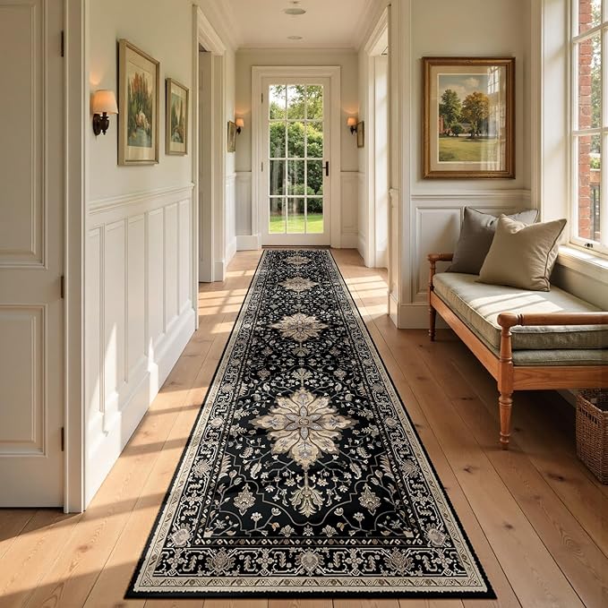 Area Rugs 2'x9' Washable Non-Slip, Floral Vintage Distress Print Pattern Medallion Carpet for Living Room Bedroom Dining Room, Black Brown Neutral Dark Tan
