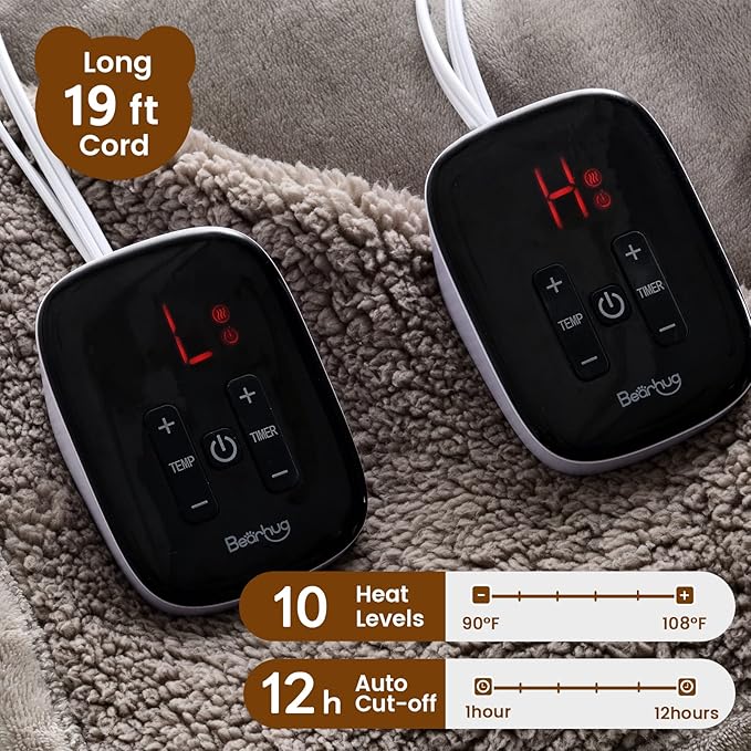 Bearhug Electric Blanket Queen Size 84" x 90", Dual Controllers Heated Blanket, Velvet & Sherpa, 10-Heating Level & 1-12H Auto Off, Taupe, Over-Heat Protect, ETL, Machine Washable