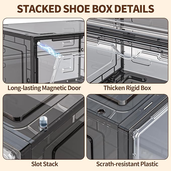 8 Pack XX Large Shoe Organizer, Heavy-Duty Hard Thicken Plastic Clear Stackable Shoe Storage Box Organizer for Closet, Space-Saving Shoe Rack Display Case Bin Containers for Sneakers, Grey