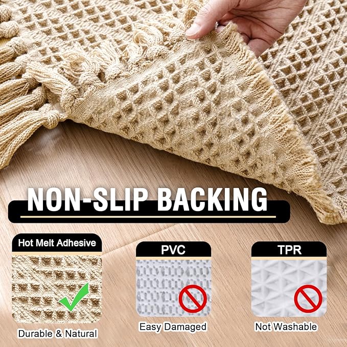 H.VERSAILTEX Waffle Bath Runner Rug Long Bath Mat Super Absorbent Boho Bath Rugs Non Slip Bath Runner for Bathroom Floor Machine Washable Dry Fast Bathroom Rugs with Tassels, 24" x 60", Sand