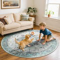 Area Rugs 6ft Washable Non-Slip, Floral Vintage Distress Print Pattern Medallion Carpet for Living Room Bedroom Dining Room, Green Navy Blue White Red Teal Colorful