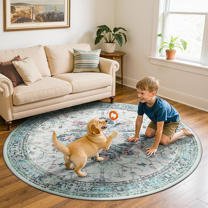 Area Rugs 6ft Washable Non-Slip, Floral Vintage Distress Print Pattern Medallion Carpet for Living Room Bedroom Dining Room, Green Navy Blue White Red Teal Colorful