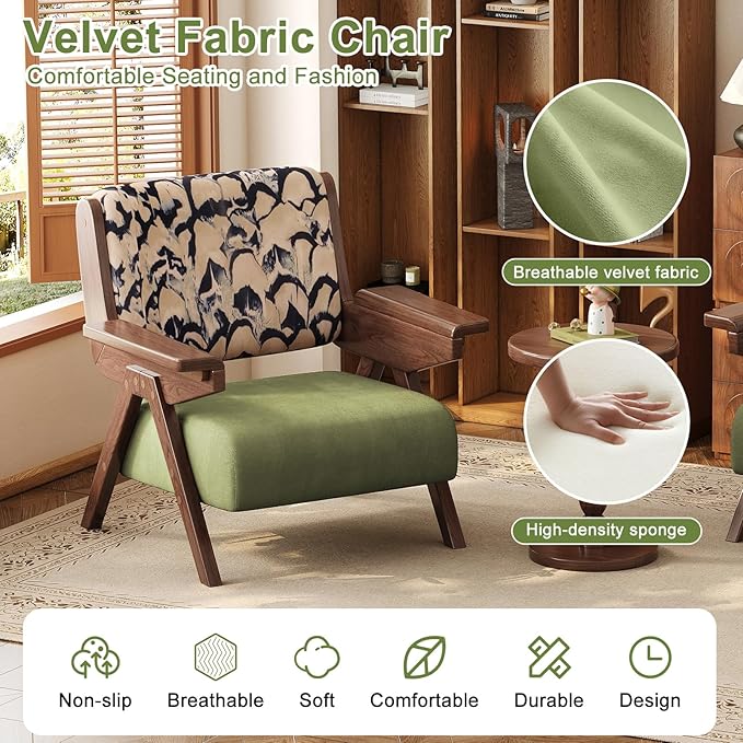 Accent Chair Mid Century Modern Chair, Velvet Upholstered Lounge Arm Chair with Solid Wood, Cozy Reading Chair for Living Room, Bedroom, Balcony (Feather Print, Single Chair)