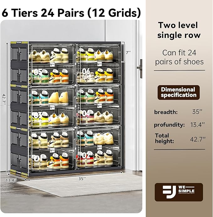 24 Pairs Portable Shoe Storage Cabinent of 3-Step Fast Installation,Plastic Shoe Box with Magnetic Clear Door for Entryway, Enclosed Shoe Rack for Sneaker, Heels etc.. (2Row, 6Tier)