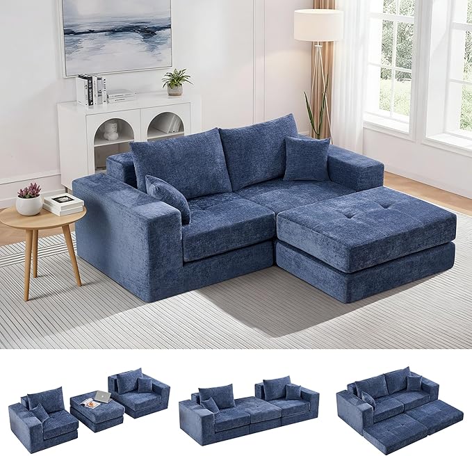 Boneless Sectional Loveseat Couch with Ottoman, Convertible Tufted Button Modular Floor Sleeper Sofa Bed, Comfy Foldable Compression Love Seat Sofa for Living Room, No Assembly, Blue