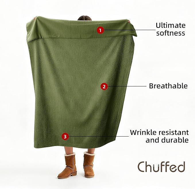 CHUFFED Cotton Waffle Blanket Throw Size - Plush Milk Velvet & Reversible Waffle Weave,Anti-Static 300Gsm Design，Thick Cozy Soft Winter Blanket for Bed, Couch, Sofa - Olive Green, 50x70 Inches