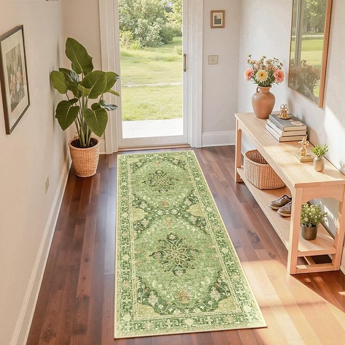 Area Rugs 2'x6' Washable Non-Slip, Floral Vintage Distress Print Pattern Medallion Carpet for Living Room Bedroom Dining Room, Sage Green Yellow
