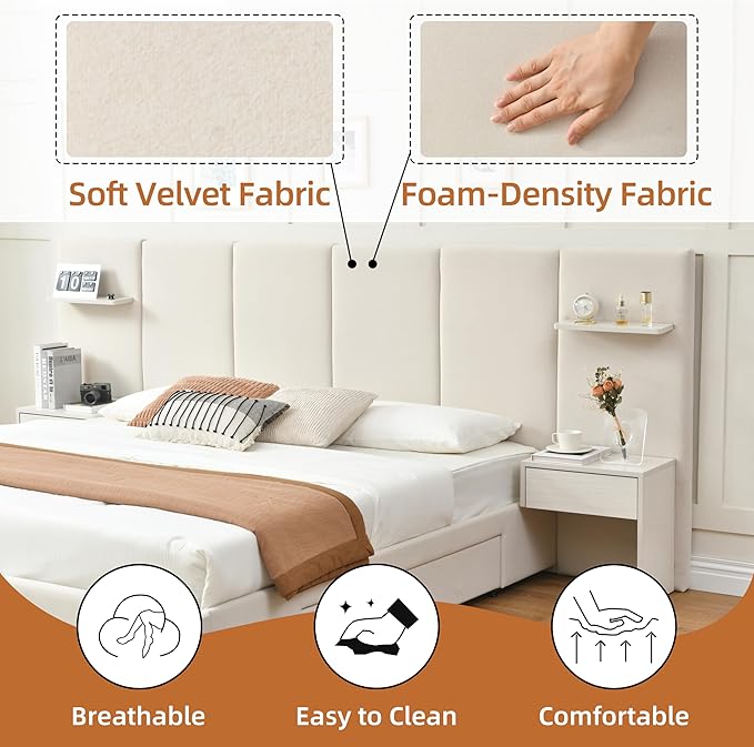 King Bed Frame with Storage & Built-in Nightstands, Velvet Upholstered Platform Bed Frame with Drawers & 2 Floating Storage Shelves, Noise-Free, No Box Spring Needed, Easy Assembly, Beige