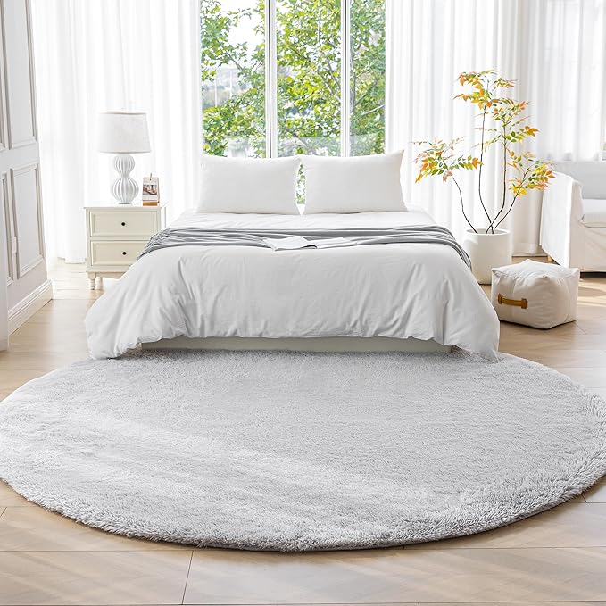 Amazon Basics Fluffy Washable Round Area Rug, Circle Shaggy Carpet for Living Room, Bedroom, Nursery, 4'R, Gray