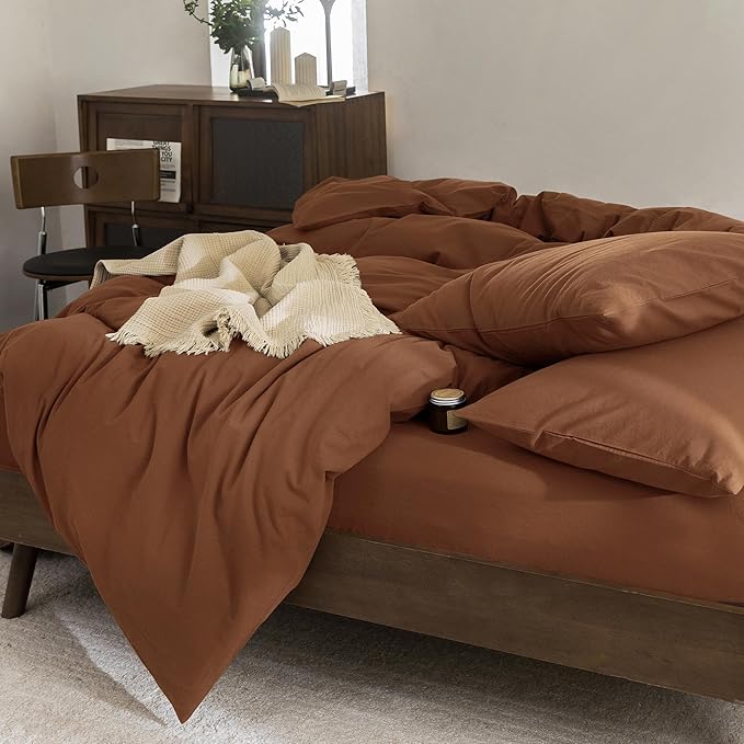 FOSSA Duvet Cover Set 100% Washed Cotton Linen Feel Super Soft Breathable Cozy 3 Pieces Bedding Sets Solid Dark Orange Super King