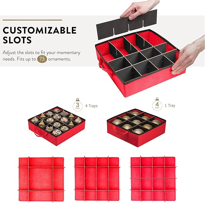 ZOBER All in One Christmas Ornament Storage Box & Decoration Container - Easy Access Removable Trays, Keeps 73 Ornaments - Adjustable Extent Area for Figurines and Pockets for Decoration - Red