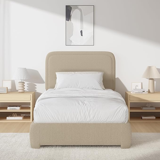 BarnFurin Twin Bed Frames with Headboard,Cloud Boucle Upholstered Platform Bed, Modern Style, Soft Rounded Corners, No Box Spring Needed, Easy Assembly, Beige