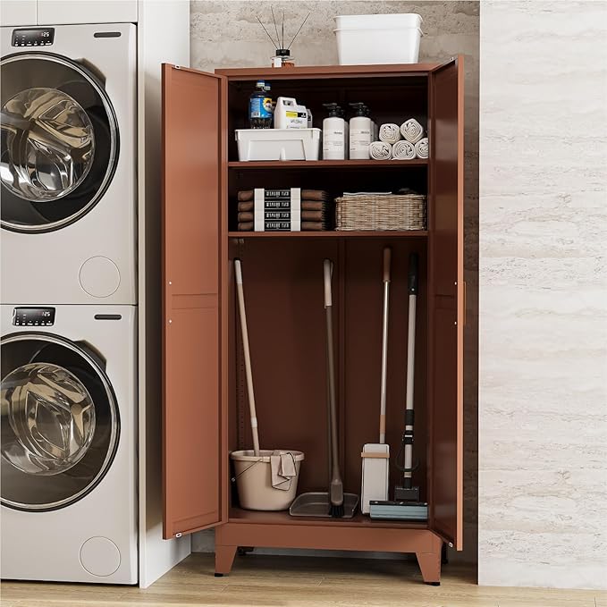 Farmhouse Pantry Cabinet with Barn Doors, 71" H x 31.5" W, 5-Tier Metal Storage Cabinet with 4 Adjustable Shelves for Kitchen Garage Dining Room,Brown