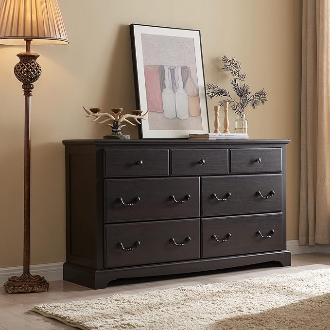 T4TREAM 7 Drawers Dresser Chests for Bedroom, Wood Vintage Chests of Drawers, Rustic Dressers Chset Organizer for Bedroom, Living Room, Hallway, Espresso