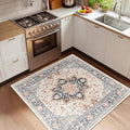 Area Rugs Square 4ft Washable Non-Slip, Floral Vintage Distress Print Pattern Medallion Carpet for Living Room Bedroom Dining Room, Beige Navy Blue Orange Colorful