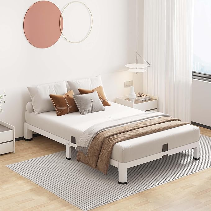 ROIL 4 Inch White Twin Bed Frame with Rounded Corner and Mattress Retainers, 3500LBS Heavy Duty Steel Slats No Box Spring Needed Platform Noise-Free Easy Assembly