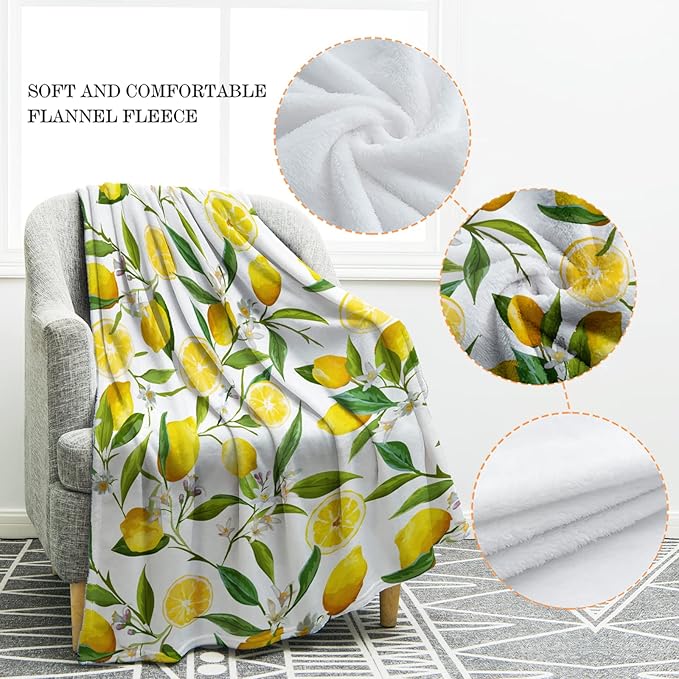 Jekeno Lemon Floral Blanket Yellow Fruits Green Leaves Print Gifts for Women Kids Girls Home Bedroom Living Room Decor Soft Cozy Lightweight Throw Blankets White 50"x60"