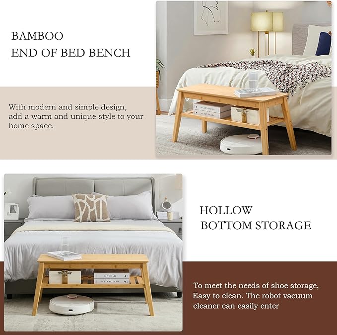Nnewvante Bamboo Entryway Bench, 33.46" Indoor Storage Bench, Small Wood Benches for Living Room, Bedroom, Dining Room, Hallway, Outdoor Wooden Bench, Holds up to 300lbs