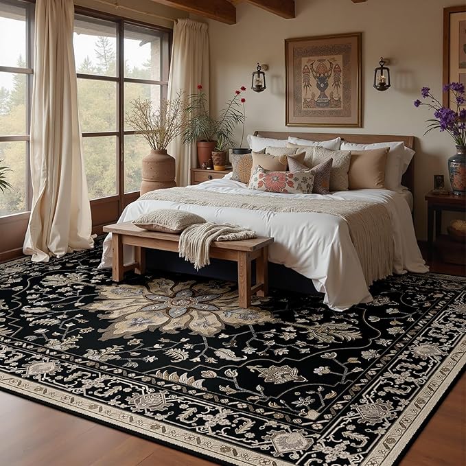 Area Rugs 7'x9' Washable Non-Slip, Floral Vintage Distress Print Pattern Medallion Carpet for Living Room Bedroom Dining Room, Black Brown Neutral Dark Tan