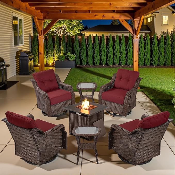 Belord Luxury Patio Furniture Set with Fire Pit Table - Outdoor Swivel Rocker Chairs Set of 4 with 30 inch Propane Fire Table for Patio Conversation and Cozy Outdoor Gatherings