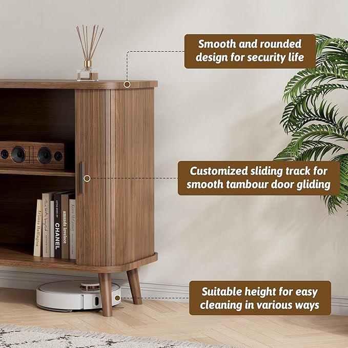 Buffet Cabinet with Storage, Curved-Edge Fluted Storage Cabinet Sideboard, Modern Walnut Sideboard Buffet with Adjustable Shelves & Sliding Door for Dining Room, Kitchen, Entryway