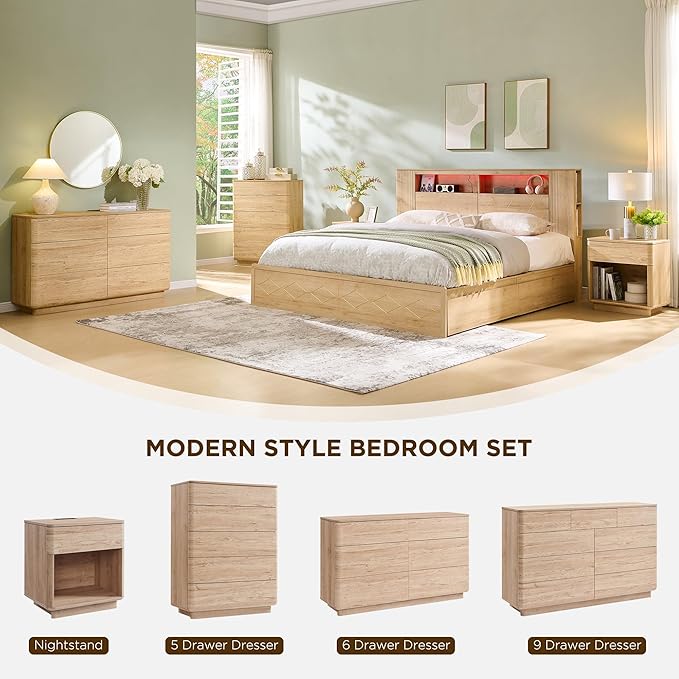 ACCOHOHO Modern 5 Drawer Dresser for Bedroom, 42" Tall Wooden Dressers with Large Storage,Handleless Chest of Drawers for Living Room & Hallway, Curved Profile Design, Natural Oak