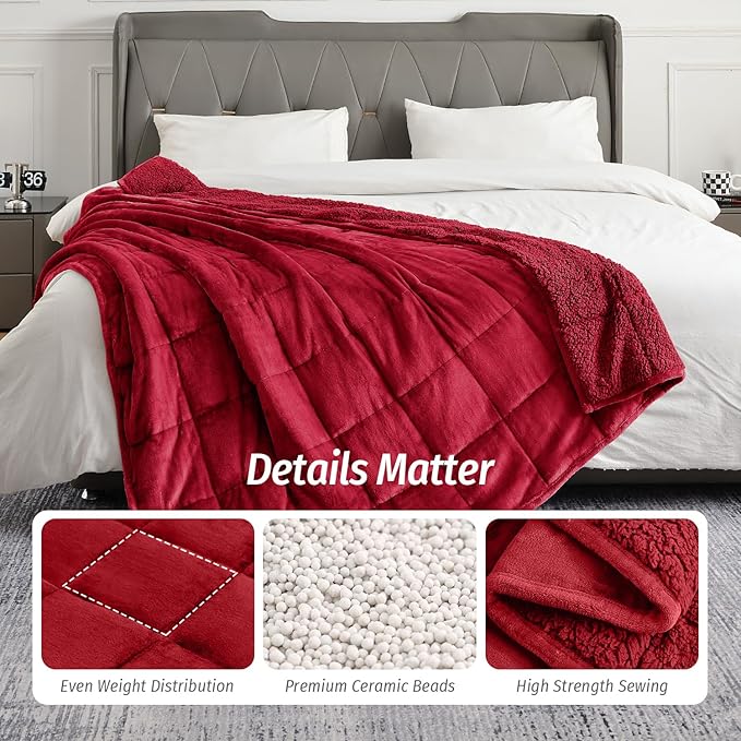 Wemore Sherpa Fleece Weighted Blanket for Adult, 15 lbs Dual Sided Cozy Fluffy Heavy Blanket, Ultra Fuzzy Throw Blanket with Soft Plush Flannel Top, 80 x 87 inches, Burgundy on Both Sides