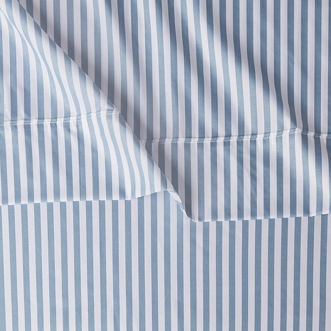 Amazon Basics Lightweight Super Soft Easy Care Microfiber 3 Piece Bed Sheet Set with 14-inch Deep Pockets - Twin, Dusty Blue Pinstripe,Printed (Pack of 4)