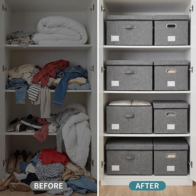 PRANDOM Storage Bins with Lids [3-Pack] Linen Fabric Foldable Storage Boxes Organizer Containers Baskets Cube with Cover Grey(23.4X15.9X11.4)