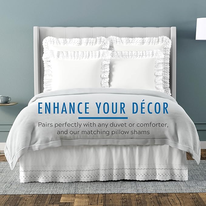 Fresh Ideas Eyelet Bed Skirt, Ruffled Design, 14 Inch Drop, Embroidered Scalloped Edge, Twin, White