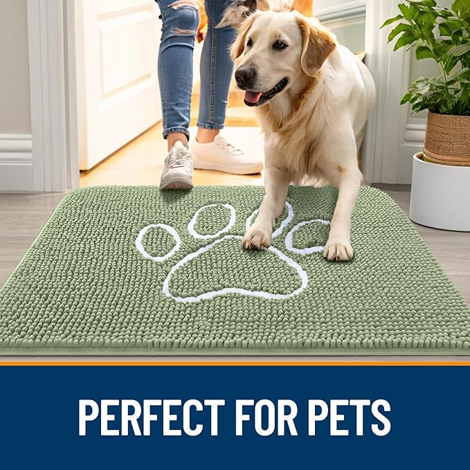 OLANLY Dog Door Mat for Muddy Paws 30x20, Paw Print Design, Absorbs Moisture and Dirt, Non-Slip Washable Doormat, Quick Dry Chenille Mud Mat for Dogs, Entry Indoor Entryway Carpet, Sage Green