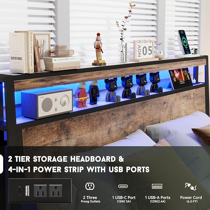 Queen Size Bed Frame with 4 Storage Drawers and Headboard with Charging Station and LED Lights,2 Tier Solid Wood Headboard Storage,Noise Free, No Box Spring Needed/Remote Control/Vintage Brown