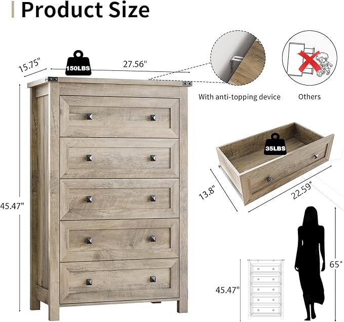 Dresser for Bedroom with 5 Drawers, Tall Wood Chest of Drawers, Modern Farmhouse Closet Clothes Organizer, Storage Tower Cabinet with Metal Handles for Hallway, Living Room, Entryway, Light Grey