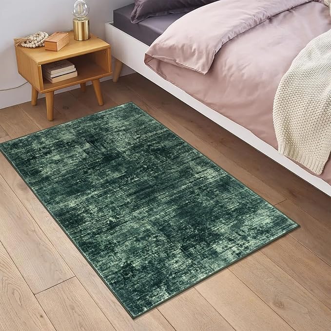IOHOUZE Small Abstract Area Rug 2x3 Ft Entryway Rugs Washable Door Mat Indoor Entrance, Rubber Backed Throw Rugs, Printed Faux Wool Non Slip Floor Carpet for Foyer Front Door Sink, Dark Green