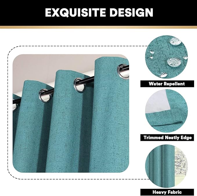 PrinceDeco 100% Blackout Linen Curtains for Bedroom Faux Linen Fabric Extra Long Curtain 96 Inches Long Room Darkening Sun Blocking Curtains with White Liner Backing,52 X 96In, Teal