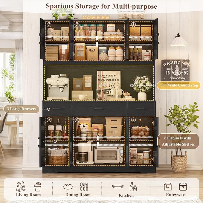 HOSTACK 71" Tall Kitchen Pantry Storage Cabinet with Charging Station, 55" Wide Kitchen Hutch Cabinet with Large Countertop, Farmhouse Food Pantry with Drawers for Living Room (Black Wood Grain)