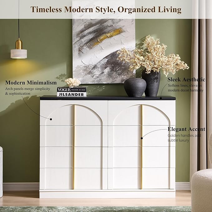 ACCOHOHO Large Dresser for Bedroom with 8 Drawers with Arched Panel,Modern Minimalist Chest of Drawers with Gold Handles,Wood Storage Closet Dressers Tv Stand for Living Room, Hallway,White