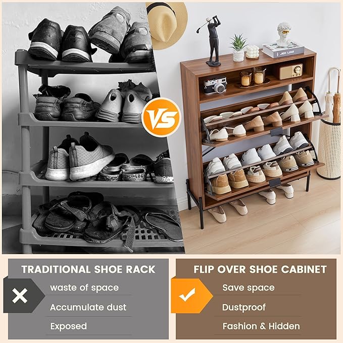 47" Fluted Large Shoe Cabinet with 4 Flip Drawers, Slim Freestanding Shoe Cabinet Organizer, Narrow Shoes Storage Rack for Entryway, 5 Sturdy Legs (All Walnut-2 drawers, 9.45"D x 31.5"W x 41.93"H)